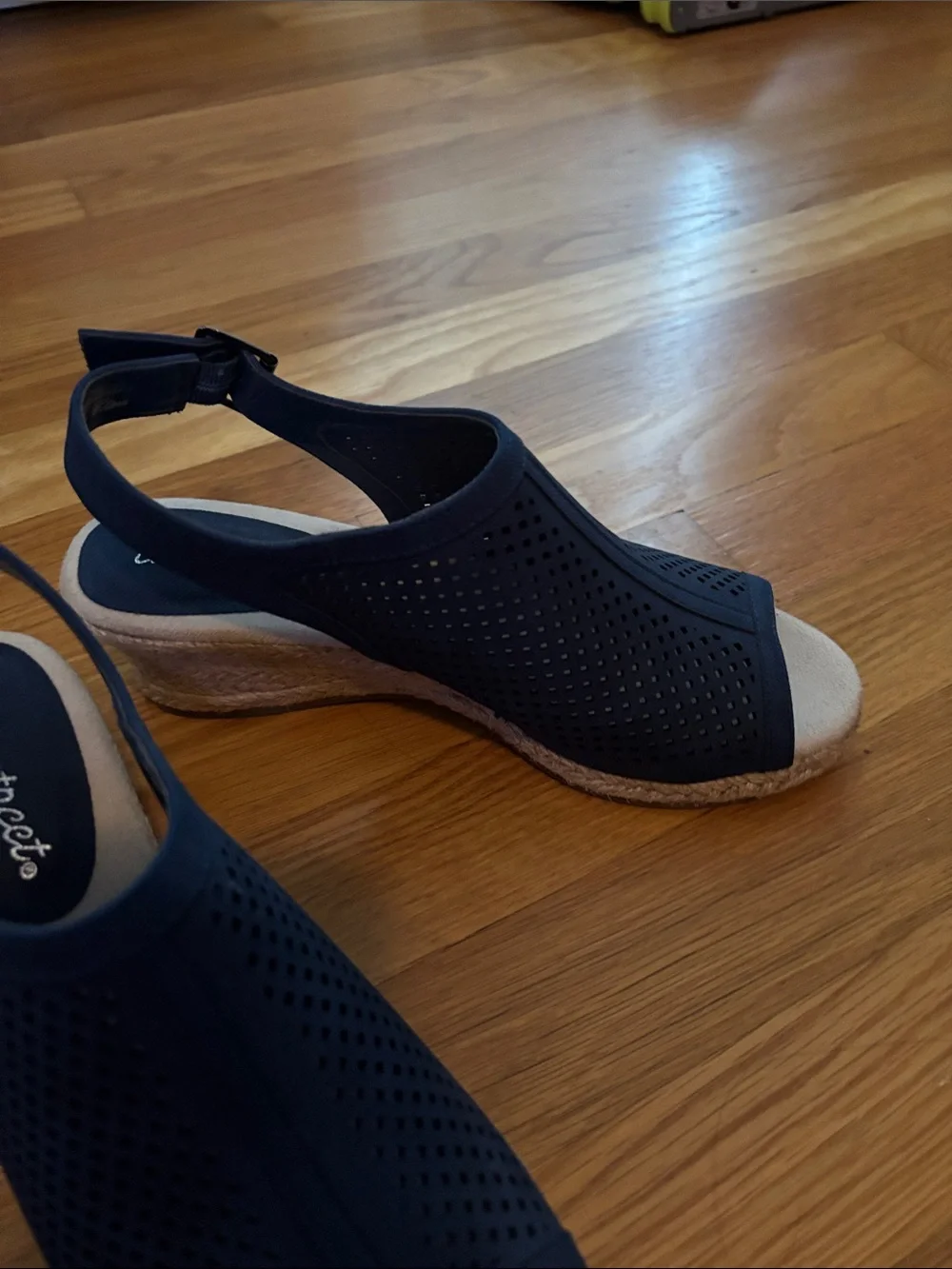 easy street navy perforated slingback wedge sandals with tan footbed